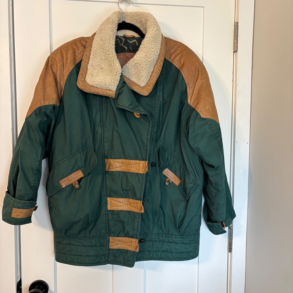 Vintage Moose Lake Lodge Green Cotton Leather Jacket Faux Shearling Collar 1990s